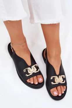 New Sandały Damskie Na Płaskim Obcasie Ze Złotą Ozdobą Czarne Amelira Damskie Sandały Płaskie