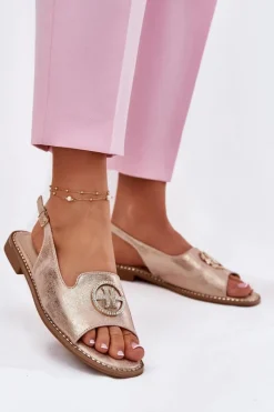 Sale Damskie buty S.Barski Sandały Damskie Na Płaskim Obcasie Z Ozdobą S.Barski KV51-002 Różowe Złoto Złoty