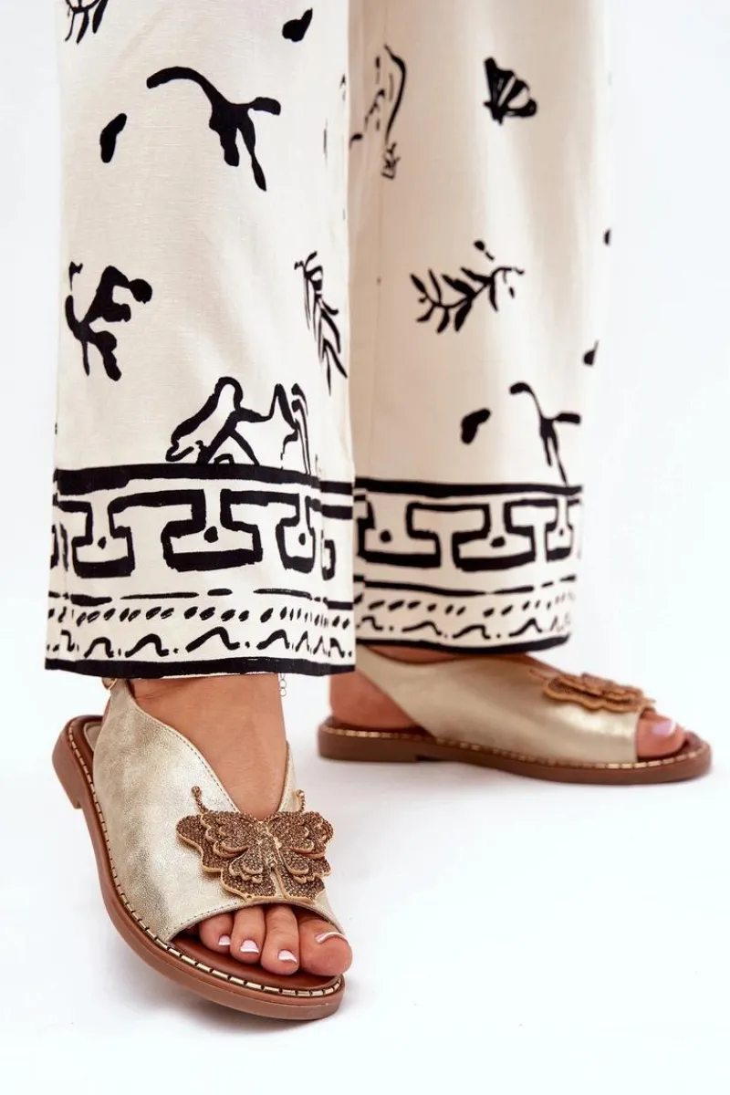 Best Boto Sandały Damskie Na Płaskim Obcasie Z Ozdobą Złote Setorina Złoty