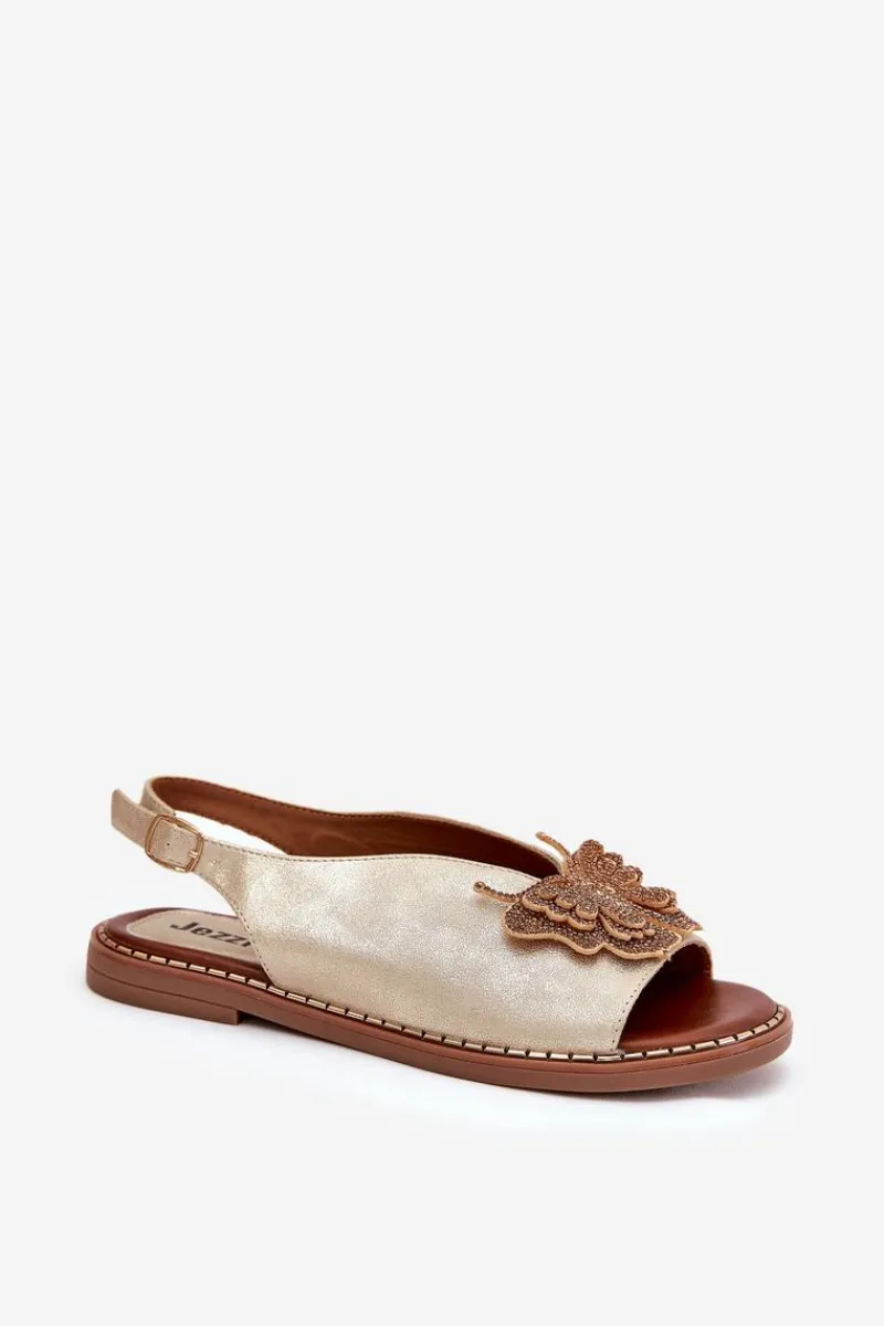 Best Boto Sandały Damskie Na Płaskim Obcasie Z Ozdobą Złote Setorina Złoty