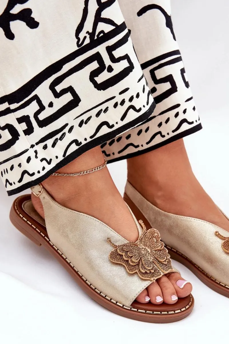 Best Boto Sandały Damskie Na Płaskim Obcasie Z Ozdobą Złote Setorina Złoty