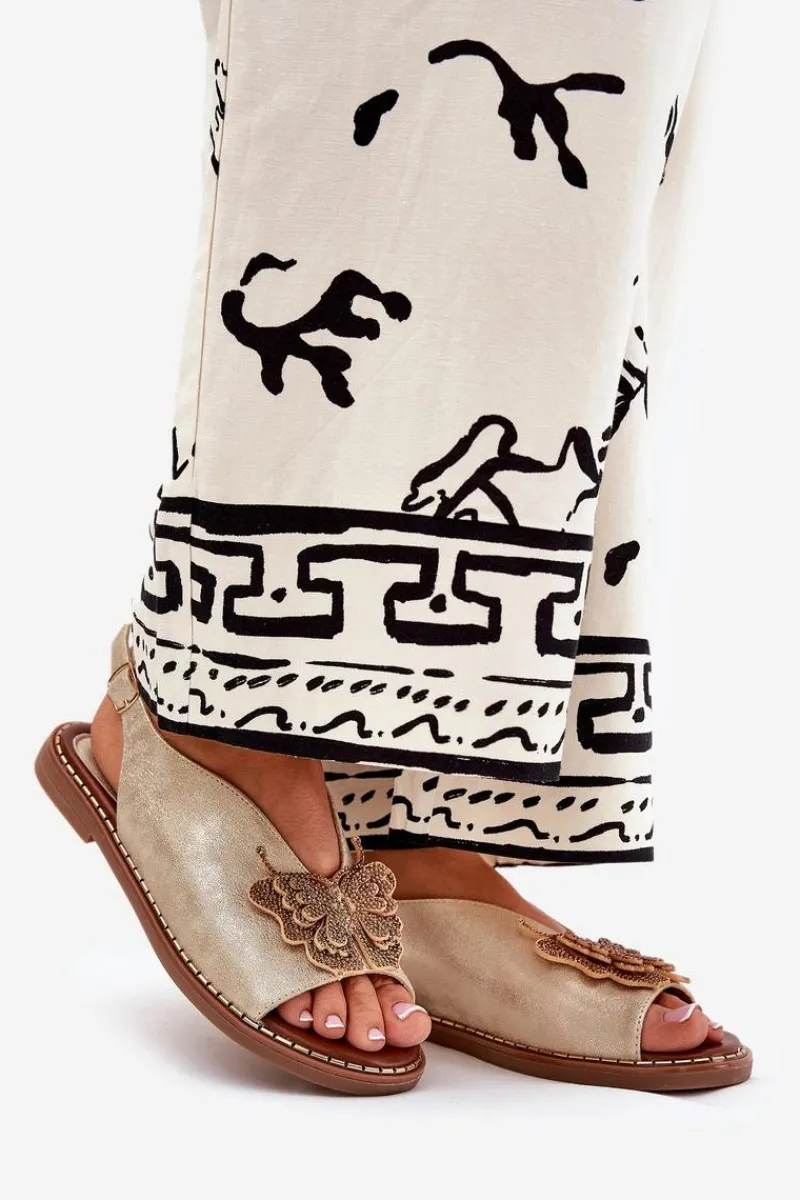 Best Boto Sandały Damskie Na Płaskim Obcasie Z Ozdobą Złote Setorina Złoty