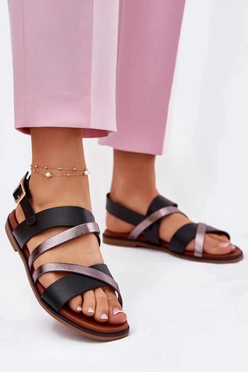 Sandały Płaskie>Buty Sergio Leone Sandały Damskie Na Płaskim Obcasie Z Paskami Sergio Leone SK086H Czarne Czarny