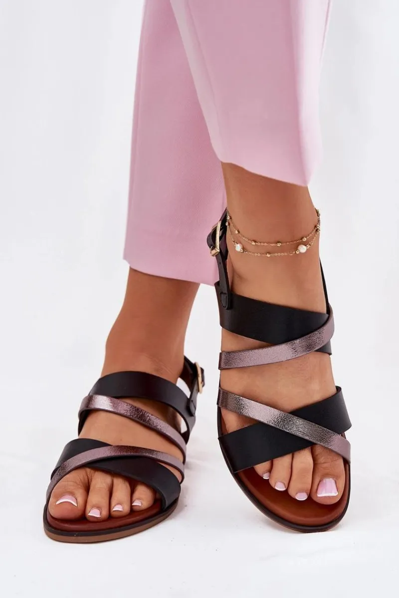 Sandały Płaskie>Buty Sergio Leone Sandały Damskie Na Płaskim Obcasie Z Paskami Sergio Leone SK086H Czarne Czarny