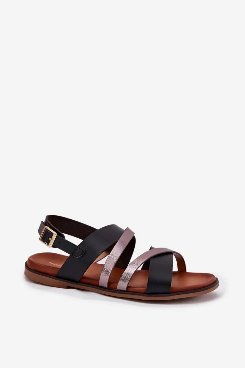 Sandały Płaskie>Buty Sergio Leone Sandały Damskie Na Płaskim Obcasie Z Paskami Sergio Leone SK086H Czarne Czarny