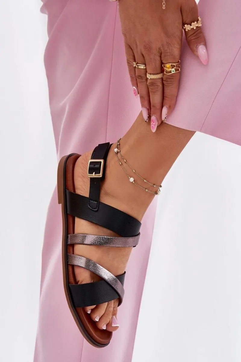 Sandały Płaskie>Buty Sergio Leone Sandały Damskie Na Płaskim Obcasie Z Paskami Sergio Leone SK086H Czarne Czarny