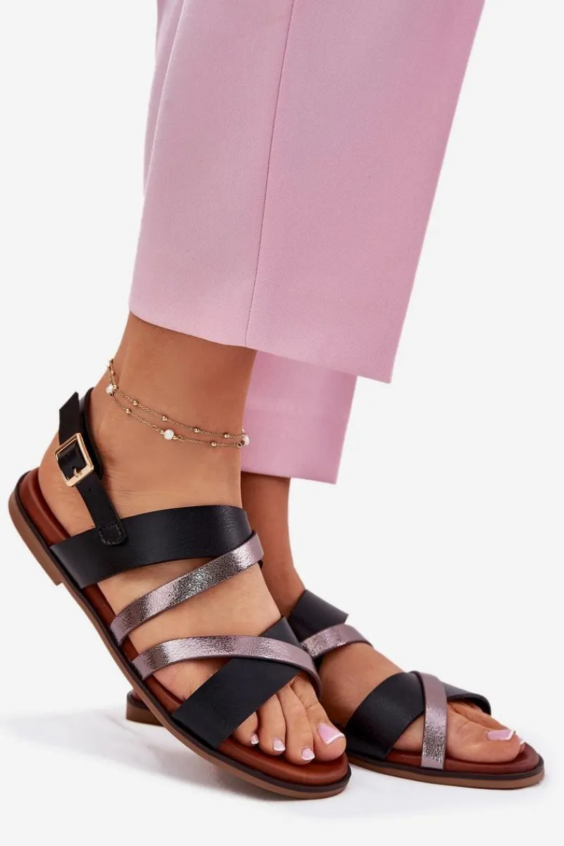 Sandały Płaskie>Buty Sergio Leone Sandały Damskie Na Płaskim Obcasie Z Paskami Sergio Leone SK086H Czarne Czarny