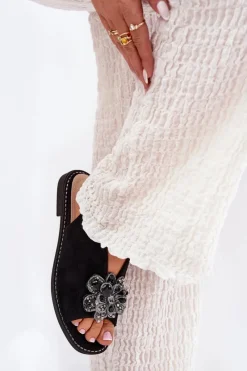 Sandały Z Cholewką|Sandały Płaskie></noscript>Damskie buty S.Barski Sandały Damskie Na Płaskim Obcasie Z Ozdobą S.Barski KV27-001 Czarne Czarny