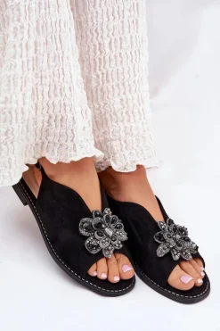 Sandały Z Cholewką|Sandały Płaskie></noscript>Damskie buty S.Barski Sandały Damskie Na Płaskim Obcasie Z Ozdobą S.Barski KV27-001 Czarne Czarny