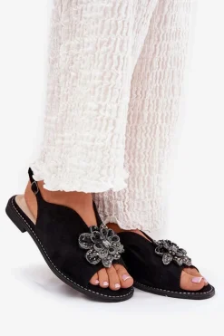 Sandały Z Cholewką|Sandały Płaskie></noscript>Damskie buty S.Barski Sandały Damskie Na Płaskim Obcasie Z Ozdobą S.Barski KV27-001 Czarne Czarny