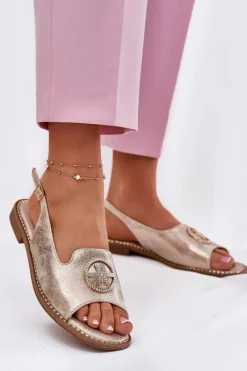 New Sandały Damskie Na Płaskim Obcasie Z Ozdobą S.Barski KV51-002 Złote Damskie Sandały Płaskie