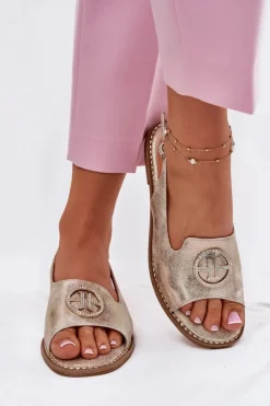 New Sandały Damskie Na Płaskim Obcasie Z Ozdobą S.Barski KV51-002 Złote Damskie Sandały Płaskie