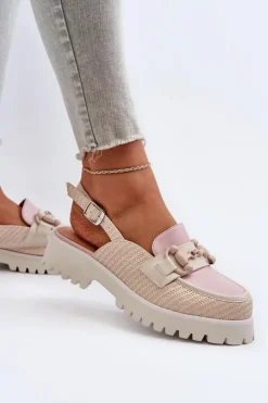 Outlet Sandały Damskie Na Płaskim Obcasie Z Ozdobą Beżowe D&A MR38-656 Damskie Sandały Płaskie