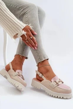 Outlet Sandały Damskie Na Płaskim Obcasie Z Ozdobą Beżowe D&A MR38-656 Damskie Sandały Płaskie