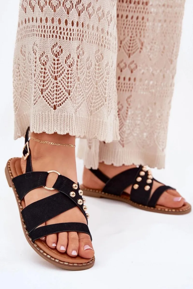 Best Sandały Damskie Na Płaskim Obcasie Ze Złotymi Ćwiekami Czarne Zanira Damskie Sandały Płaskie