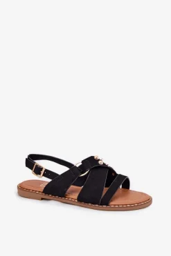 Best Sandały Damskie Na Płaskim Obcasie Ze Złotymi Ćwiekami Czarne Zanira Damskie Sandały Płaskie