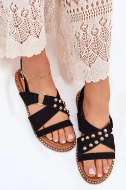 Best Sandały Damskie Na Płaskim Obcasie Ze Złotymi Ćwiekami Czarne Zanira Damskie Sandały Płaskie