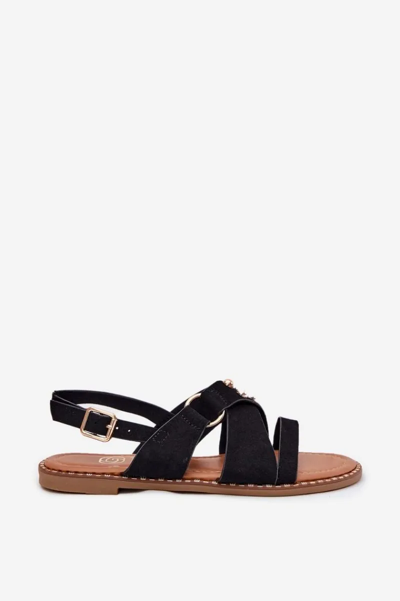 Best Sandały Damskie Na Płaskim Obcasie Ze Złotymi Ćwiekami Czarne Zanira Damskie Sandały Płaskie