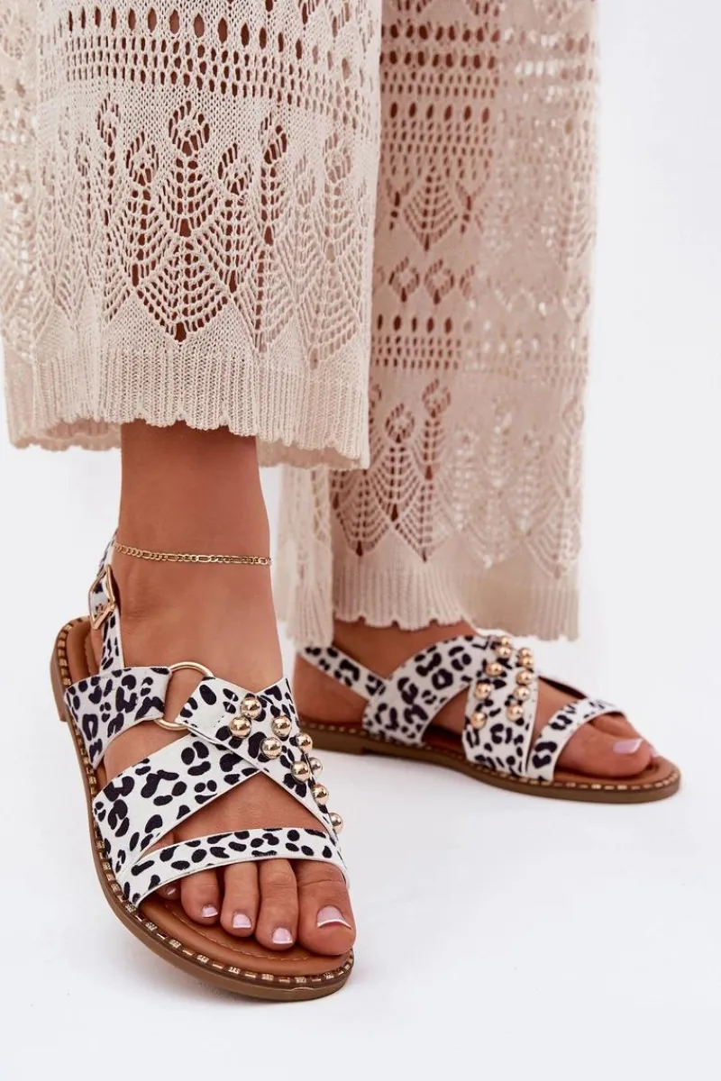 Sandały Płaskie>Boto Sandały Damskie Na Płaskim Obcasie Ze Złotymi Ćwiekami Biało-Czarne Zanira