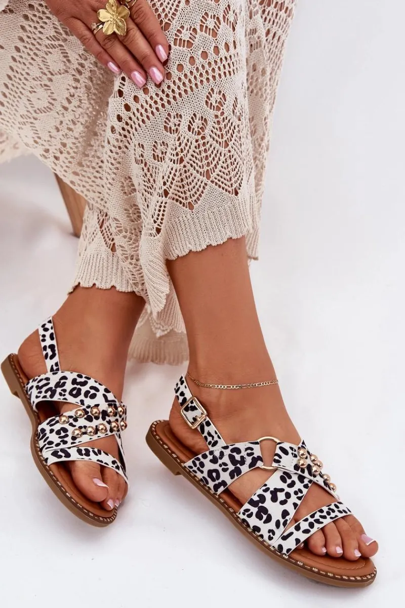 Sandały Płaskie>Boto Sandały Damskie Na Płaskim Obcasie Ze Złotymi Ćwiekami Biało-Czarne Zanira