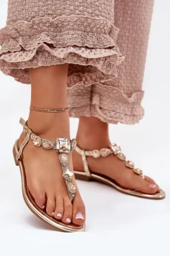 New Boto Sandały Damskie Na Płaskim Obcasie Z Kryształkami Złote Fiolalia