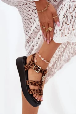 Hot Sandały Damskie Na Platformie Ze Złotym Detalem Panterka Fevire Damskie Sandały Płaskie
