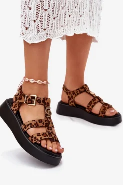 Hot Sandały Damskie Na Platformie Ze Złotym Detalem Panterka Fevire Damskie Sandały Płaskie