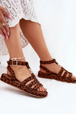 New Boto Sandały Damskie Na Platformie Ze Złotym Detalem Panterka Kartia Brązowy