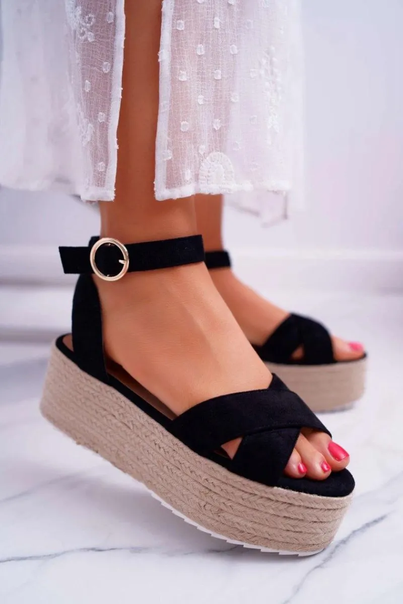 Sandały Płaskie>Boto Sandały Damskie Na Platformie Lniane Czarne Dafostre