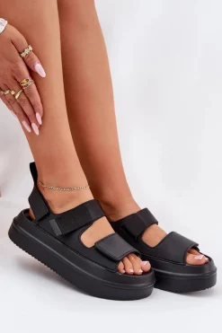 Hot Boto Sandały Damskie Na Platformie Z Rzepami Czarne Nitepira Czarny