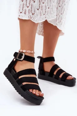 Sandały Płaskie>Boto Sandały Damskie Na Platformie Z Paskami Czarne Nevidas