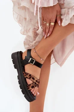 Discount Sandały Damskie Na Platformie W Panterkę Brązowe Gevinniser Damskie Sandały Płaskie