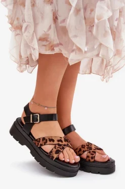 Discount Sandały Damskie Na Platformie W Panterkę Brązowe Gevinniser Damskie Sandały Płaskie