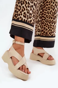 Sandały Na Koturnie|Sandały Płaskie>Boto Sandały Damskie Na Platformie I Koturnie Eko Skórzane Beżowe Tenzorus Beżowy