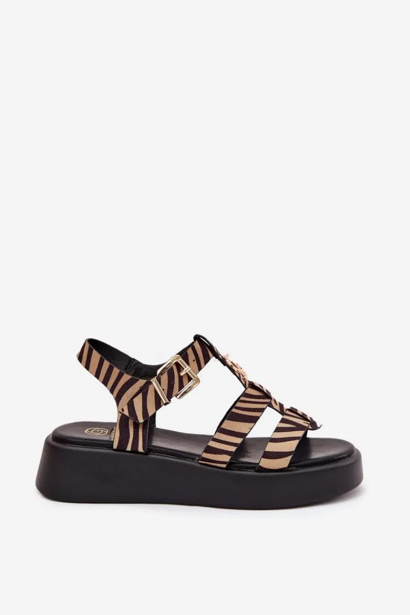 Sandały Płaskie>Boto Sandały Damskie Na Platformie Ze Złotym Detalem Zebra Beżowo-Czarne Fevire