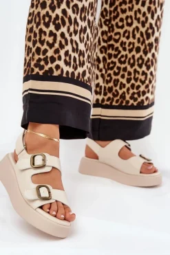 Sandały Damskie Na Platformie I Koturnie Z Klamrami Beżowe Genorre Damskie Sandały Na Koturnie|Sandały Płaskie