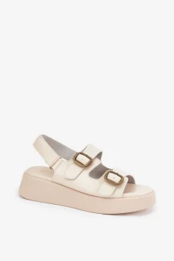 Sandały Damskie Na Platformie I Koturnie Z Klamrami Beżowe Genorre Damskie Sandały Na Koturnie|Sandały Płaskie
