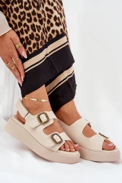 Sandały Damskie Na Platformie I Koturnie Z Klamrami Beżowe Genorre Damskie Sandały Na Koturnie|Sandały Płaskie