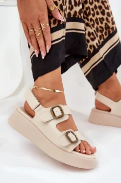 Sandały Damskie Na Platformie I Koturnie Z Klamrami Beżowe Genorre Damskie Sandały Na Koturnie|Sandały Płaskie