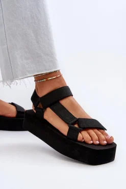 Hot Sandały Damskie Na Platformie Czarne Edireda Damskie Sandały Płaskie