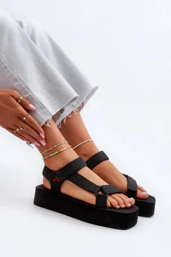Hot Sandały Damskie Na Platformie Czarne Edireda Damskie Sandały Płaskie