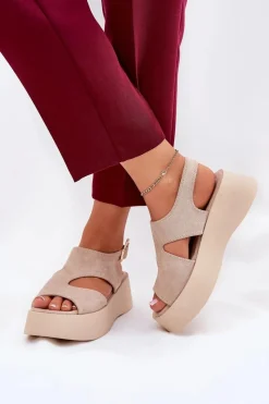Discount Sandały Damskie Na Platformie Eko Zamszowe Beżowe Karonia Damskie Sandały Płaskie