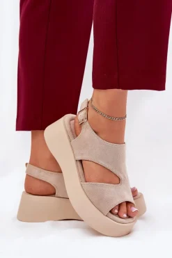 Discount Sandały Damskie Na Platformie Eko Zamszowe Beżowe Karonia Damskie Sandały Płaskie