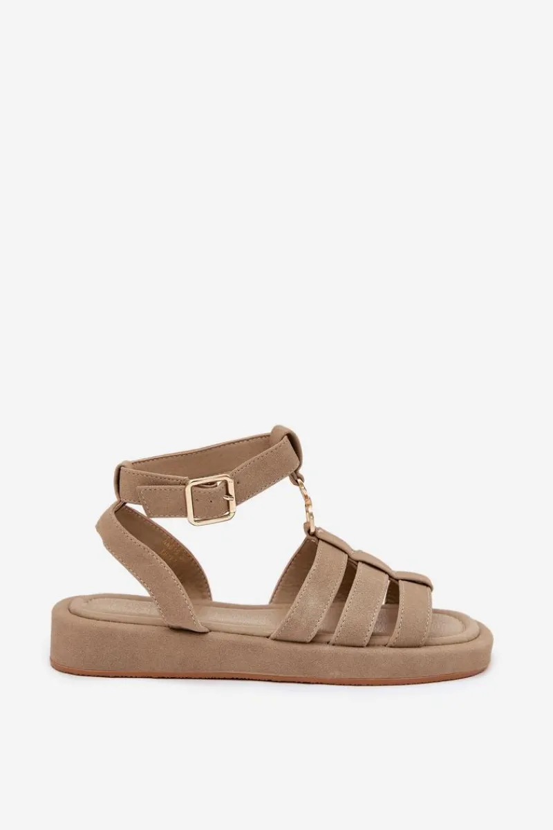 Sandały Płaskie>Boto Sandały Damskie Na Platformie Ze Złotym Detalem Khaki Kartia Beżowy