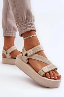 Outlet Sandały Damskie Na Platformie Big Star NN274A528 Beżowe Damskie Sandały Big Star|Sandały Płaskie