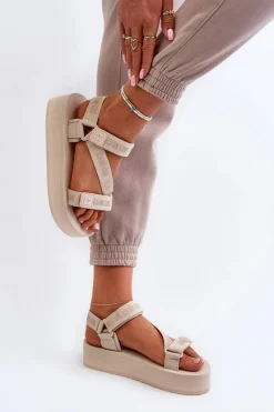 Outlet Sandały Damskie Na Platformie Big Star NN274A528 Beżowe Damskie Sandały Big Star|Sandały Płaskie