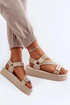 Outlet Sandały Damskie Na Platformie Big Star NN274A528 Beżowe Damskie Sandały Big Star|Sandały Płaskie