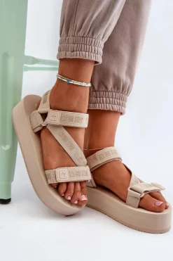 Outlet Sandały Damskie Na Platformie Big Star NN274A528 Beżowe Damskie Sandały Big Star|Sandały Płaskie