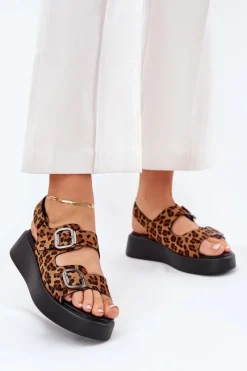 Hot Sandały Damskie Na Platformie I Koturnie Z Klamrami Panterka Brązowe Genorre Damskie Sandały Na Koturnie|Sandały Płaskie
