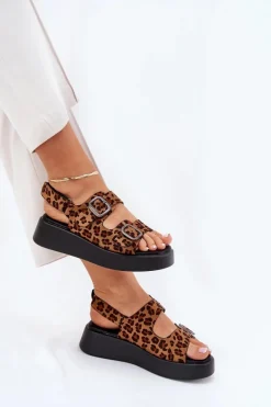 Hot Sandały Damskie Na Platformie I Koturnie Z Klamrami Panterka Brązowe Genorre Damskie Sandały Na Koturnie|Sandały Płaskie